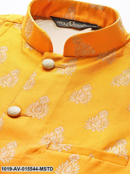 Men's Silk Blend Mustard & Gold Self Design Nehru Jacket