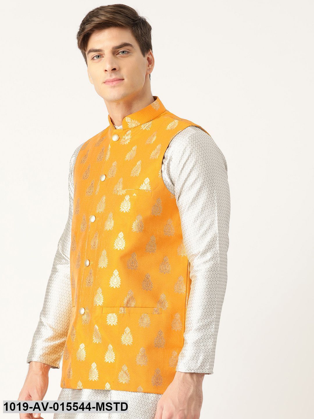 Men's Silk Blend Mustard & Gold Self Design Nehru Jacket