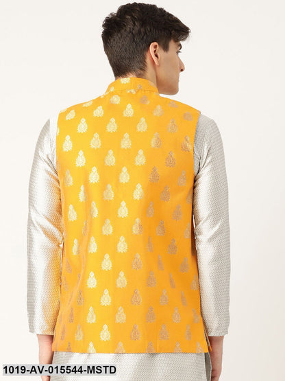 Men's Silk Blend Mustard & Gold Self Design Nehru Jacket