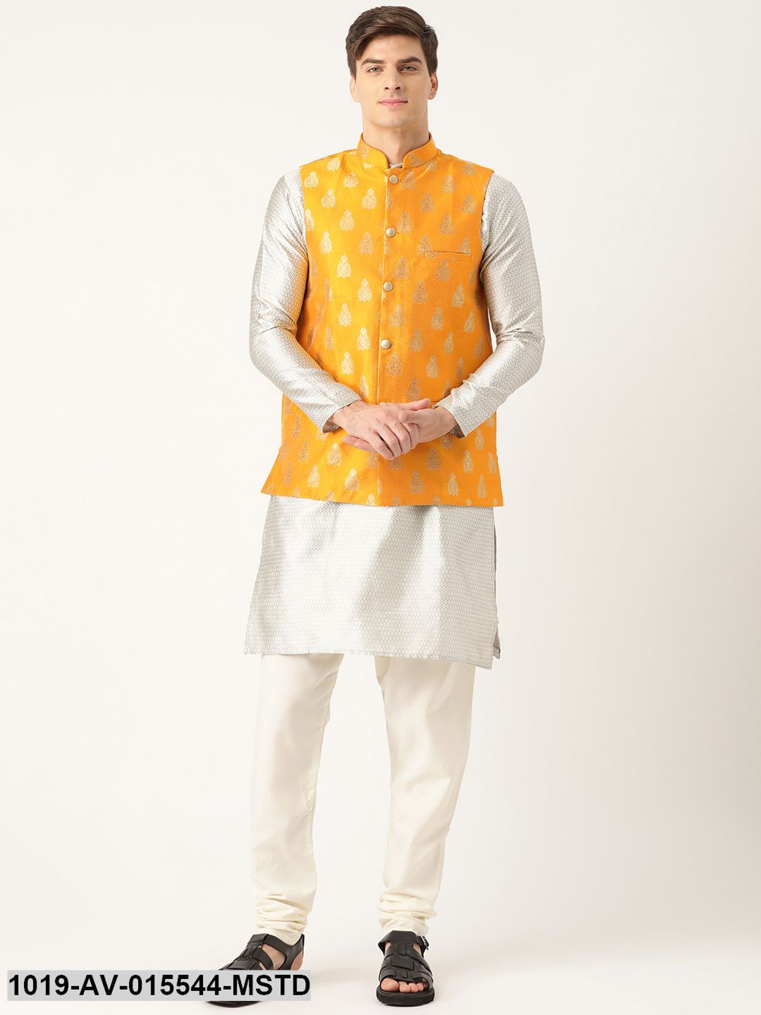 Men's Silk Blend Mustard & Gold Self Design Nehru Jacket