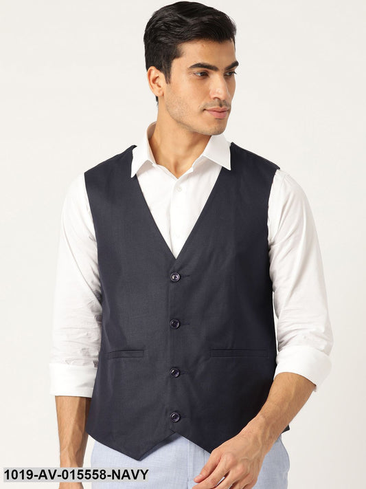 Men's Cotton Blend Navy Blue Solid Waistcoat