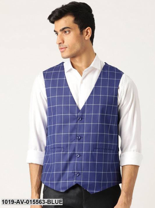 Men's Cotton Blend Royal Blue & Off-white Checked Waistcoat