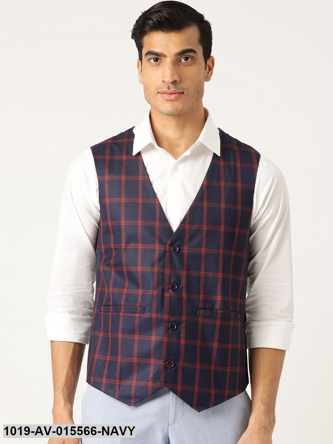 Men's Cotton Blend Navy Blue & Red Checked Waistcoat