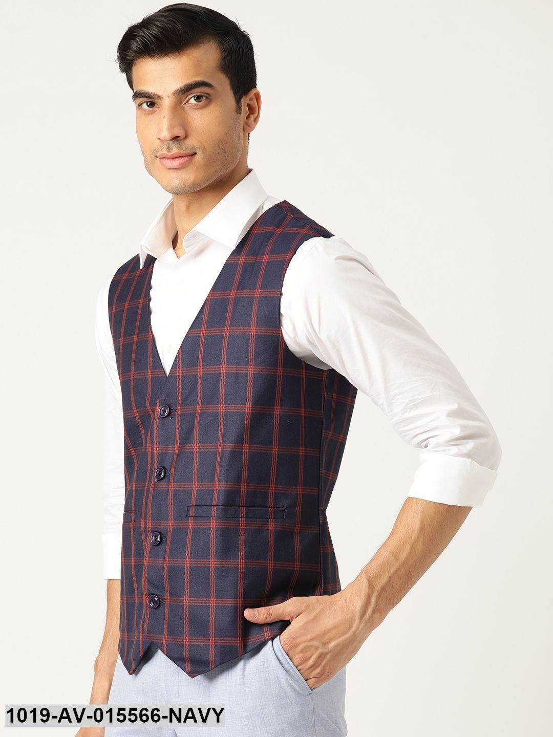 Men's Cotton Blend Navy Blue & Red Checked Waistcoat