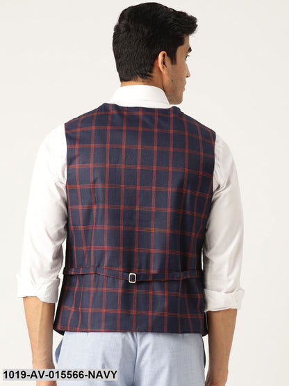 Men's Cotton Blend Navy Blue & Red Checked Waistcoat