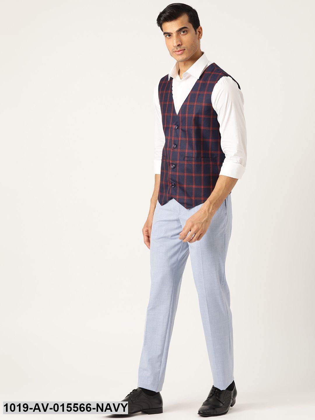 Men's Cotton Blend Navy Blue & Red Checked Waistcoat