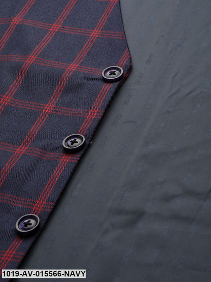 Men's Cotton Blend Navy Blue & Red Checked Waistcoat