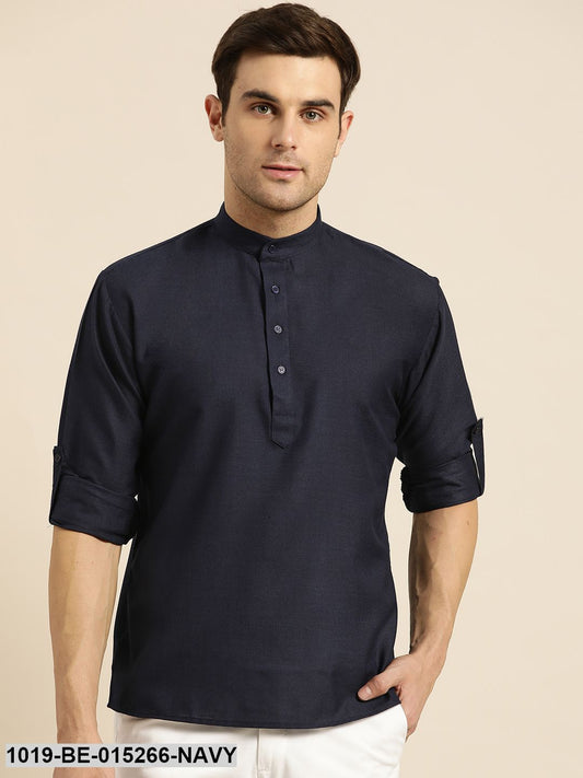 Men's Cotton Navy Blue Solid Short Kurta