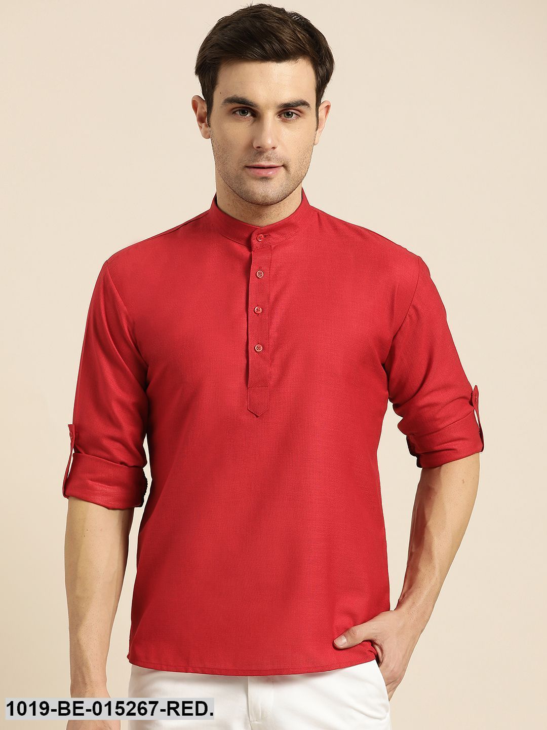 Men's Cotton Red Solid Short Kurta