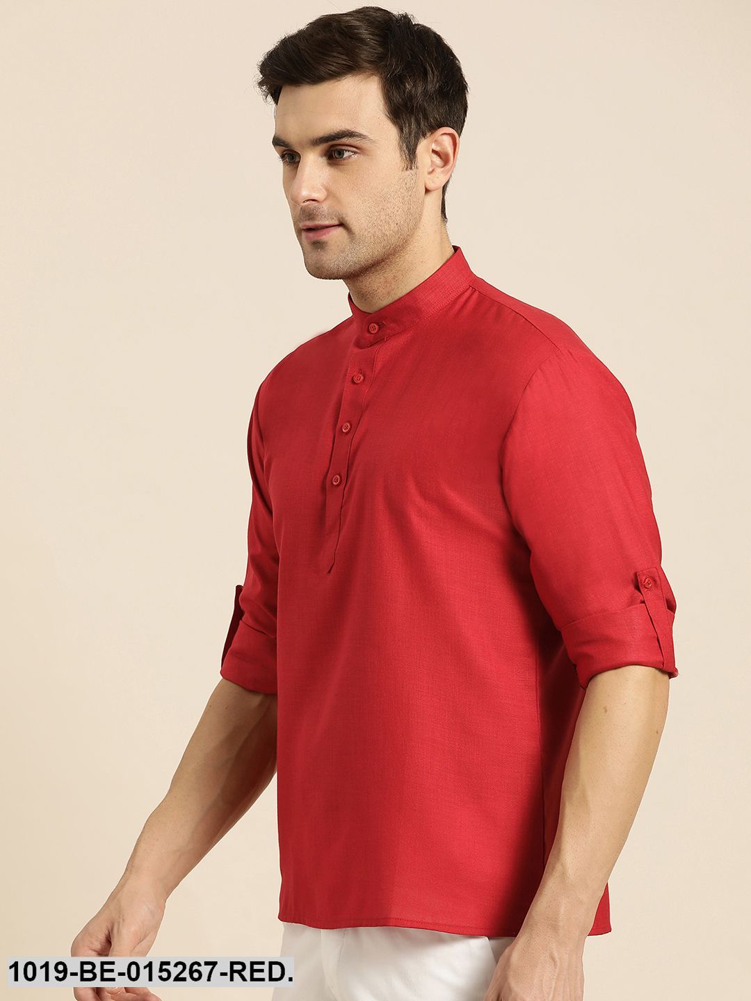 Men's Cotton Red Solid Short Kurta