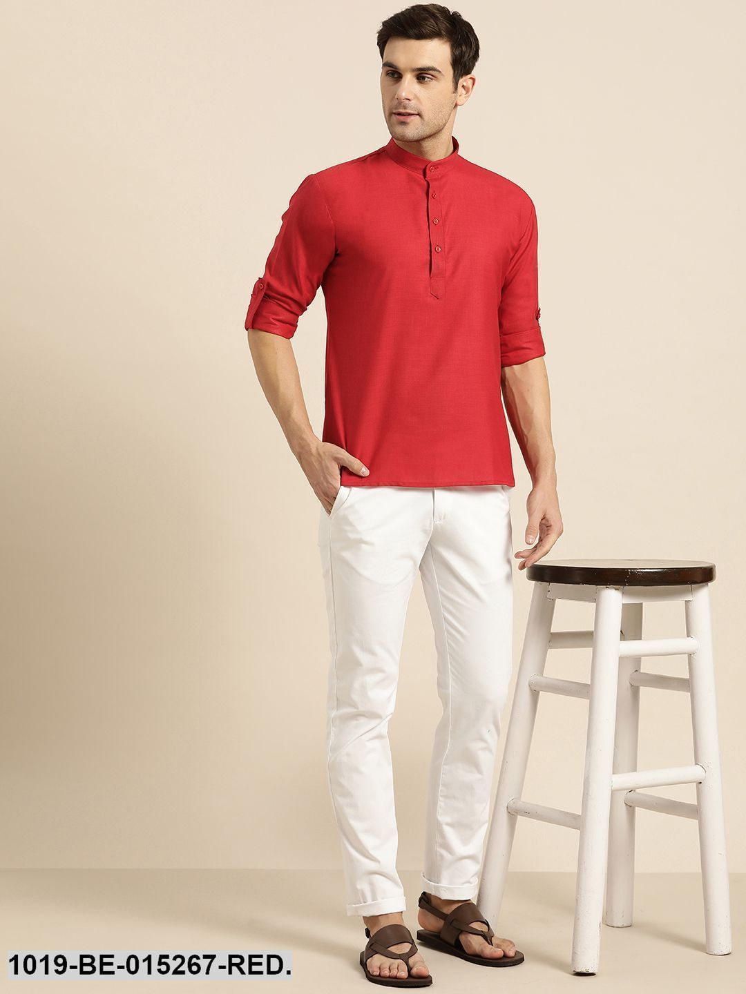 Men's Cotton Red Solid Short Kurta