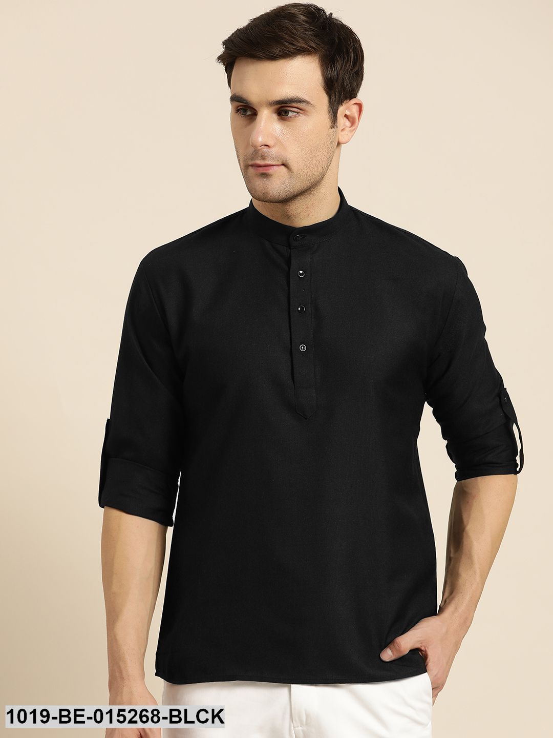 Men's Cotton Black Solid Short Kurta