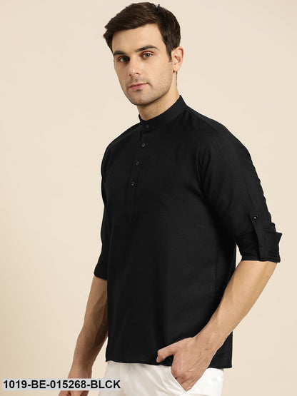 Men's Cotton Black Solid Short Kurta