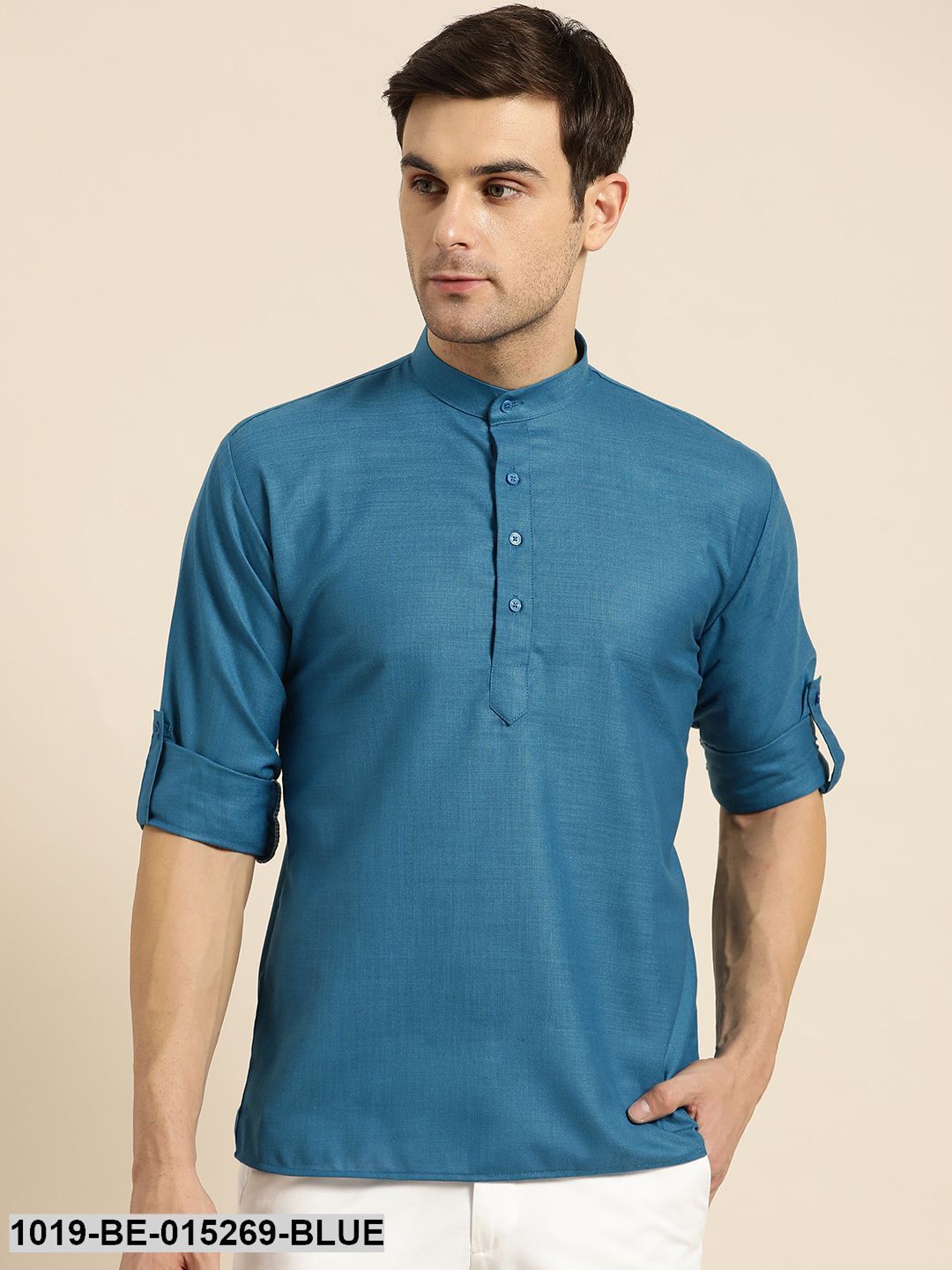 Men's Cotton Peacock Blue Solid Short Kurta