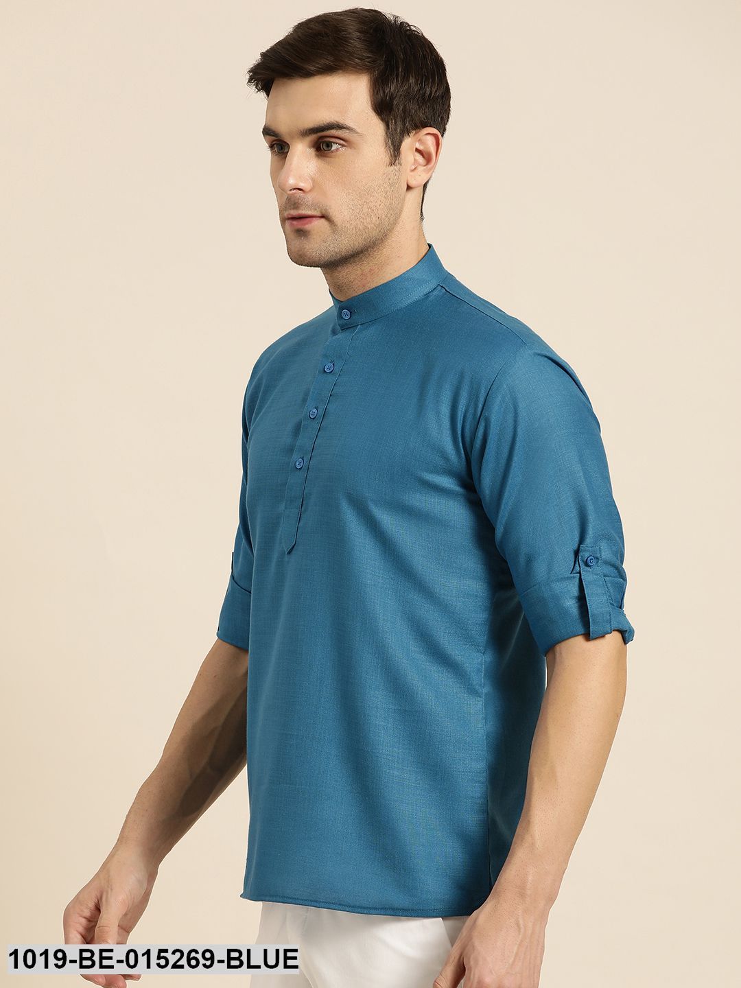 Men's Cotton Peacock Blue Solid Short Kurta