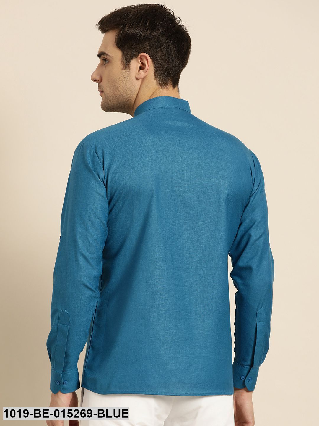 Men's Cotton Peacock Blue Solid Short Kurta