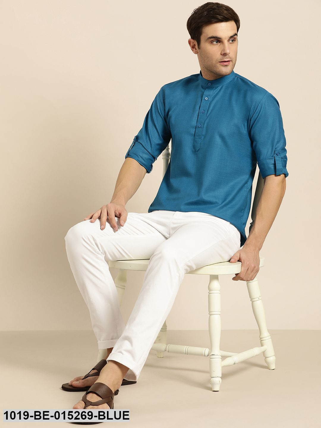 Men's Cotton Peacock Blue Solid Short Kurta