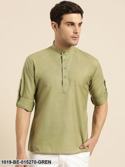 Men's Cotton Pista Green Solid Short Kurta