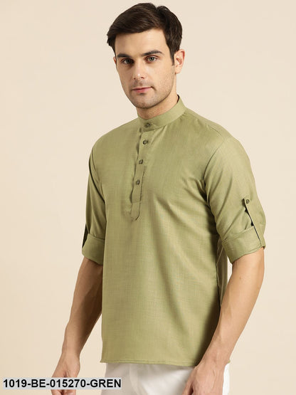 Men's Cotton Pista Green Solid Short Kurta