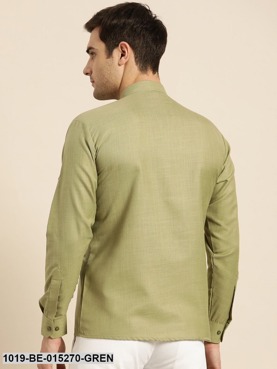 Men's Cotton Pista Green Solid Short Kurta