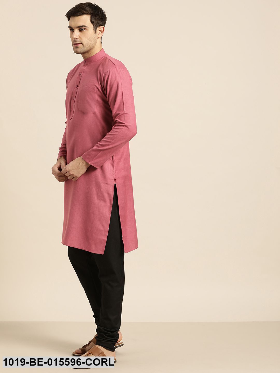 Men's Cotton Dark Coral Solid Only Kurta