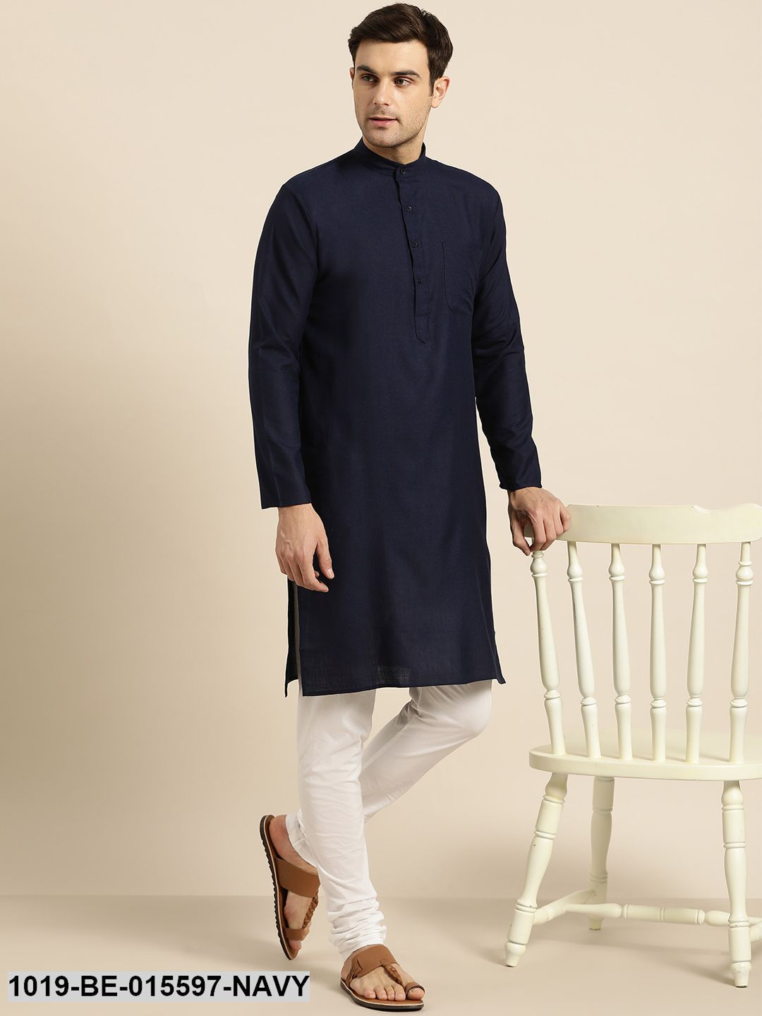 Men's Cotton Navy Blue Solid Only Kurta