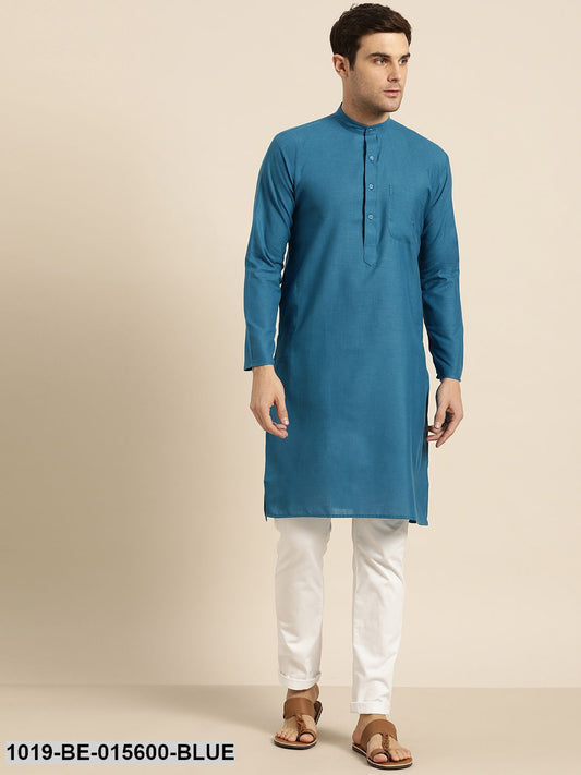 Men's Cotton Peacock Blue Solid Only Kurta