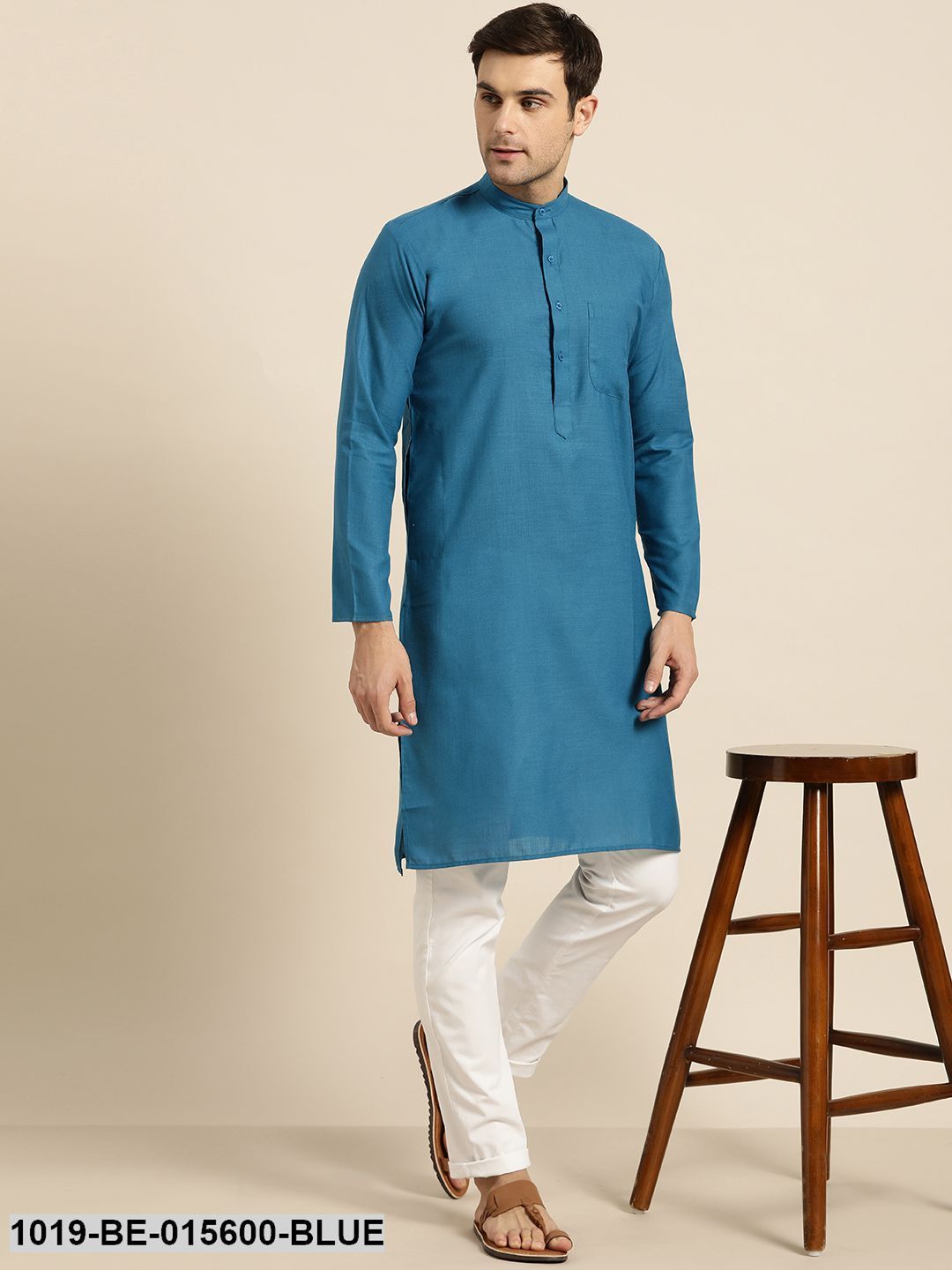 Men's Cotton Peacock Blue Solid Only Kurta