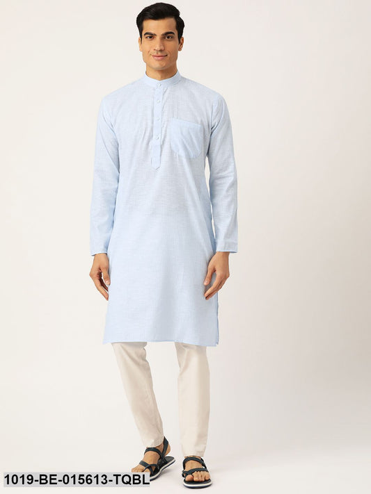 Men's Cotton Sky Blue & White Striped Only Kurta