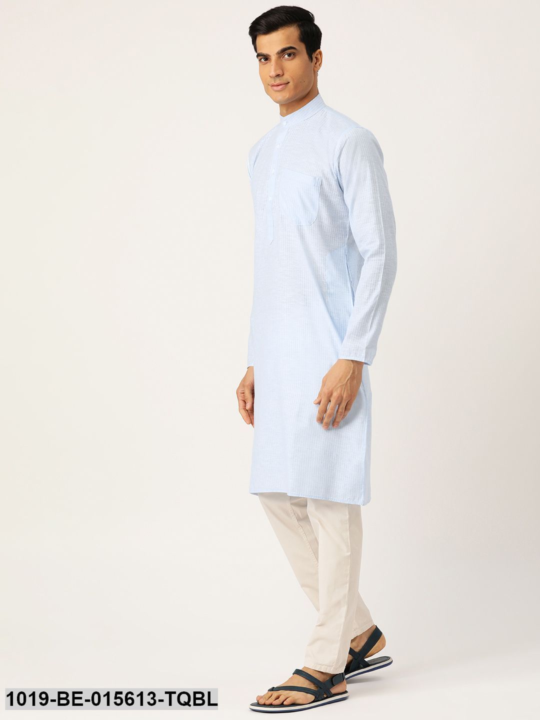 Men's Cotton Sky Blue & White Striped Only Kurta