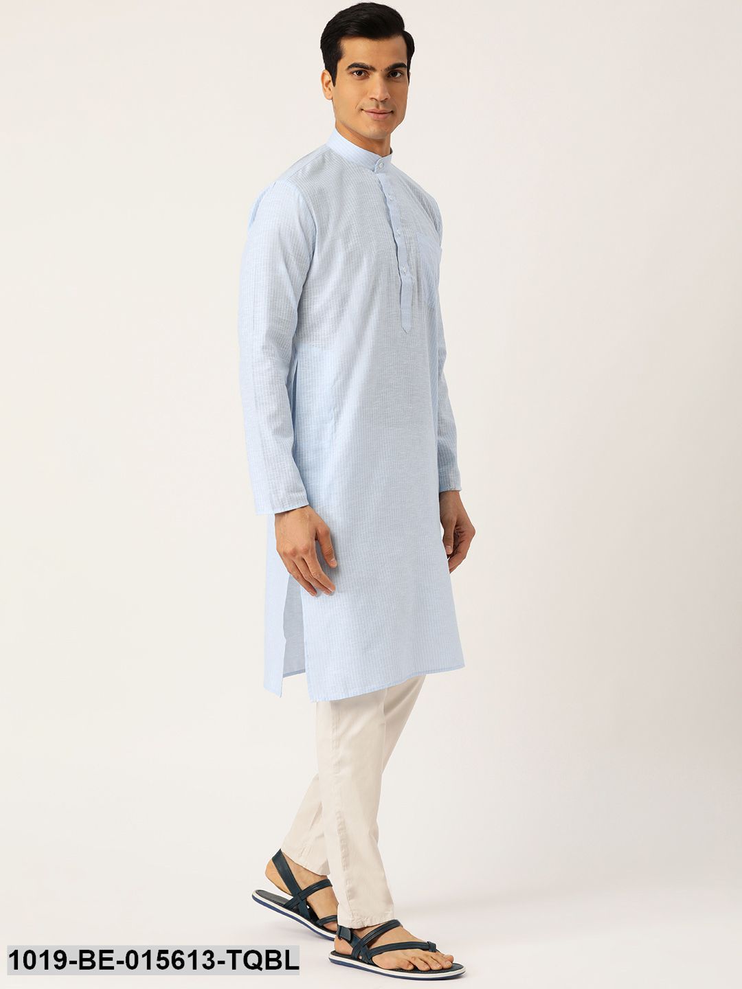 Men's Cotton Sky Blue & White Striped Only Kurta