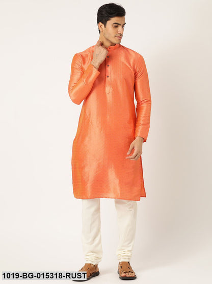 Men's Silk Blend Light Rust Solid Kurta & Off-white Churidar Pyjama Set