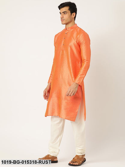 Men's Silk Blend Light Rust Solid Kurta & Off-white Churidar Pyjama Set