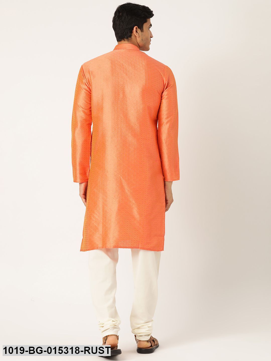 Men's Silk Blend Light Rust Solid Kurta & Off-white Churidar Pyjama Set