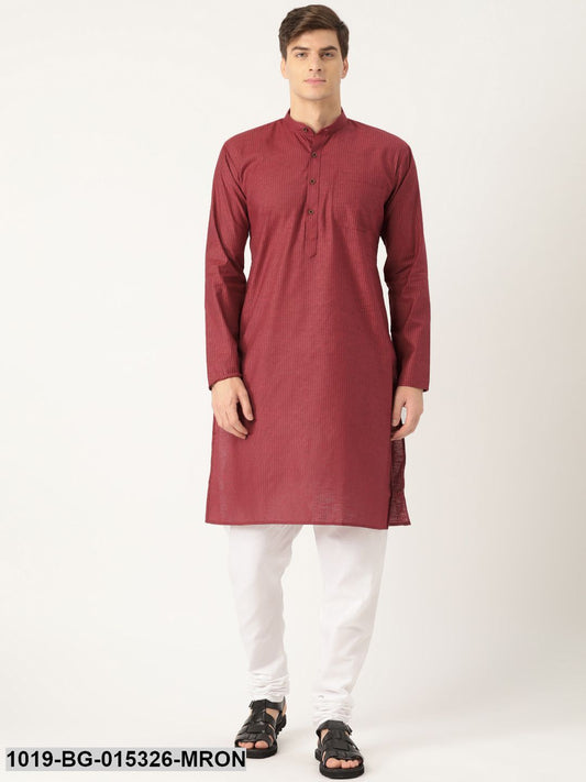 Men's Cotton Maroon Striped Kurta & White Churidar Pyjama Set