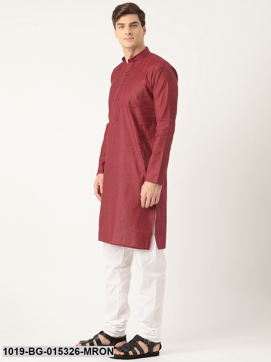 Men's Cotton Maroon Striped Kurta & White Churidar Pyjama Set