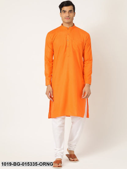 Men's Cotton Orange Solid Kurta & White Churidar Pyjama Set