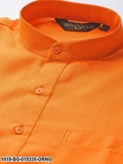 Men's Cotton Orange Solid Kurta & White Churidar Pyjama Set