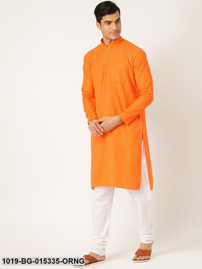 Men's Cotton Orange Solid Kurta & White Churidar Pyjama Set