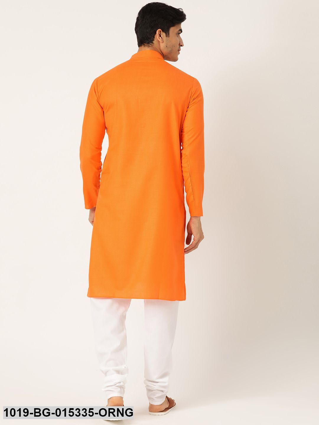 Men's Cotton Orange Solid Kurta & White Churidar Pyjama Set