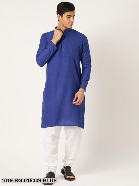 Men's Cotton Royal Blue Solid Kurta & White Churidar Pyjama Set