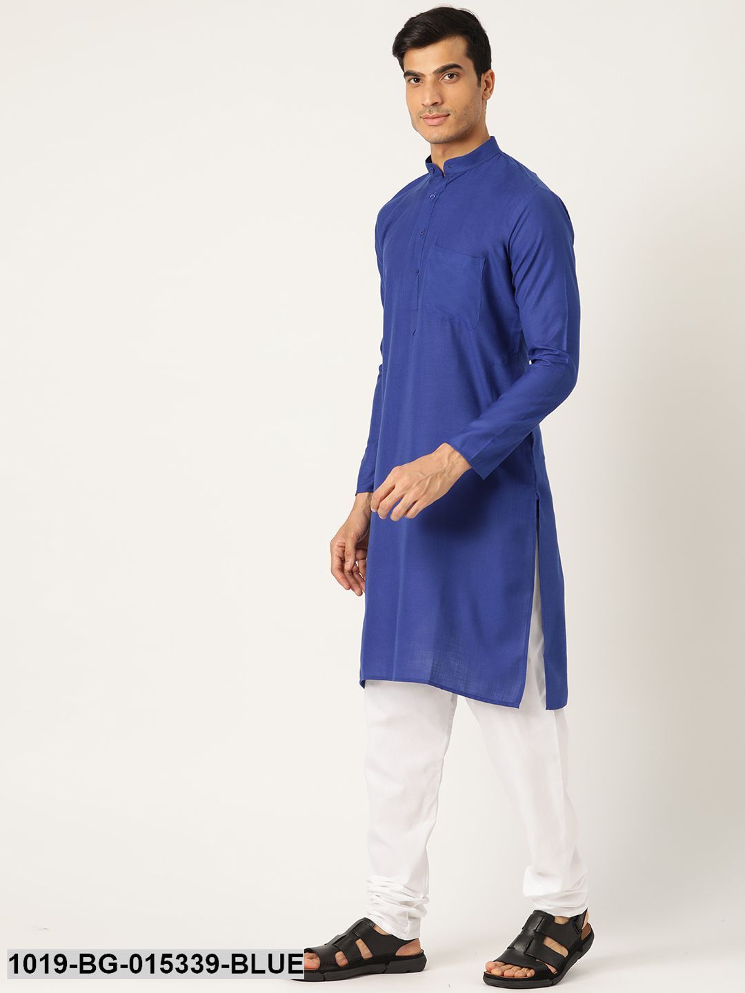 Men's Cotton Royal Blue Solid Kurta & White Churidar Pyjama Set