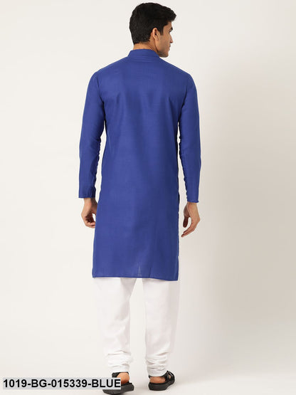 Men's Cotton Royal Blue Solid Kurta & White Churidar Pyjama Set