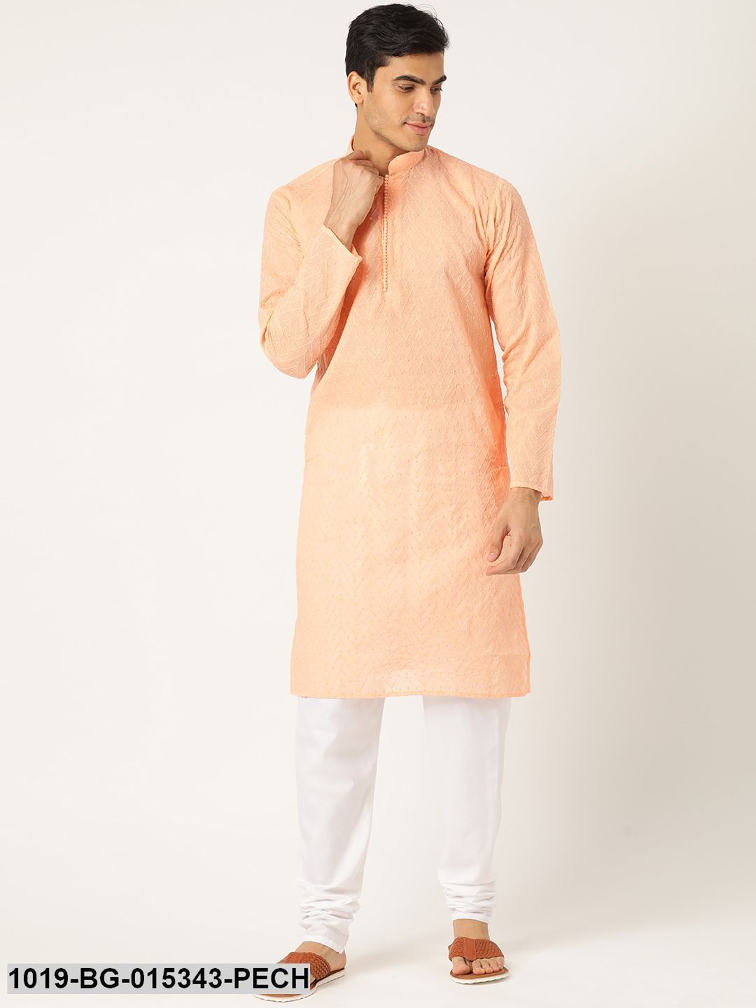 Men's Pure Cotton Peach Chikankari Kurta & White Churidar Pyjama Set