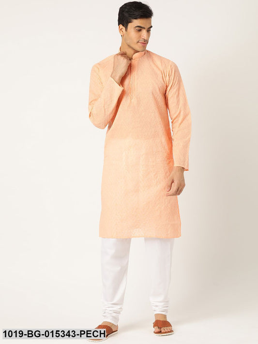 Men's Pure Cotton Peach Chikankari Kurta & White Churidar Pyjama Set