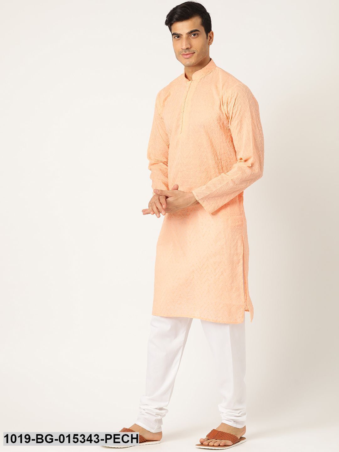 Men's Pure Cotton Peach Chikankari Kurta & White Churidar Pyjama Set