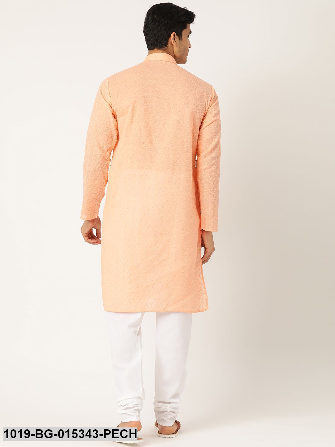 Men's Pure Cotton Peach Chikankari Kurta & White Churidar Pyjama Set