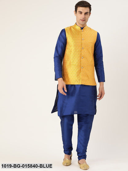 Men's Silk Blend Royal Blue Kurta Pyjama & Mustard Nehru jacket Combo