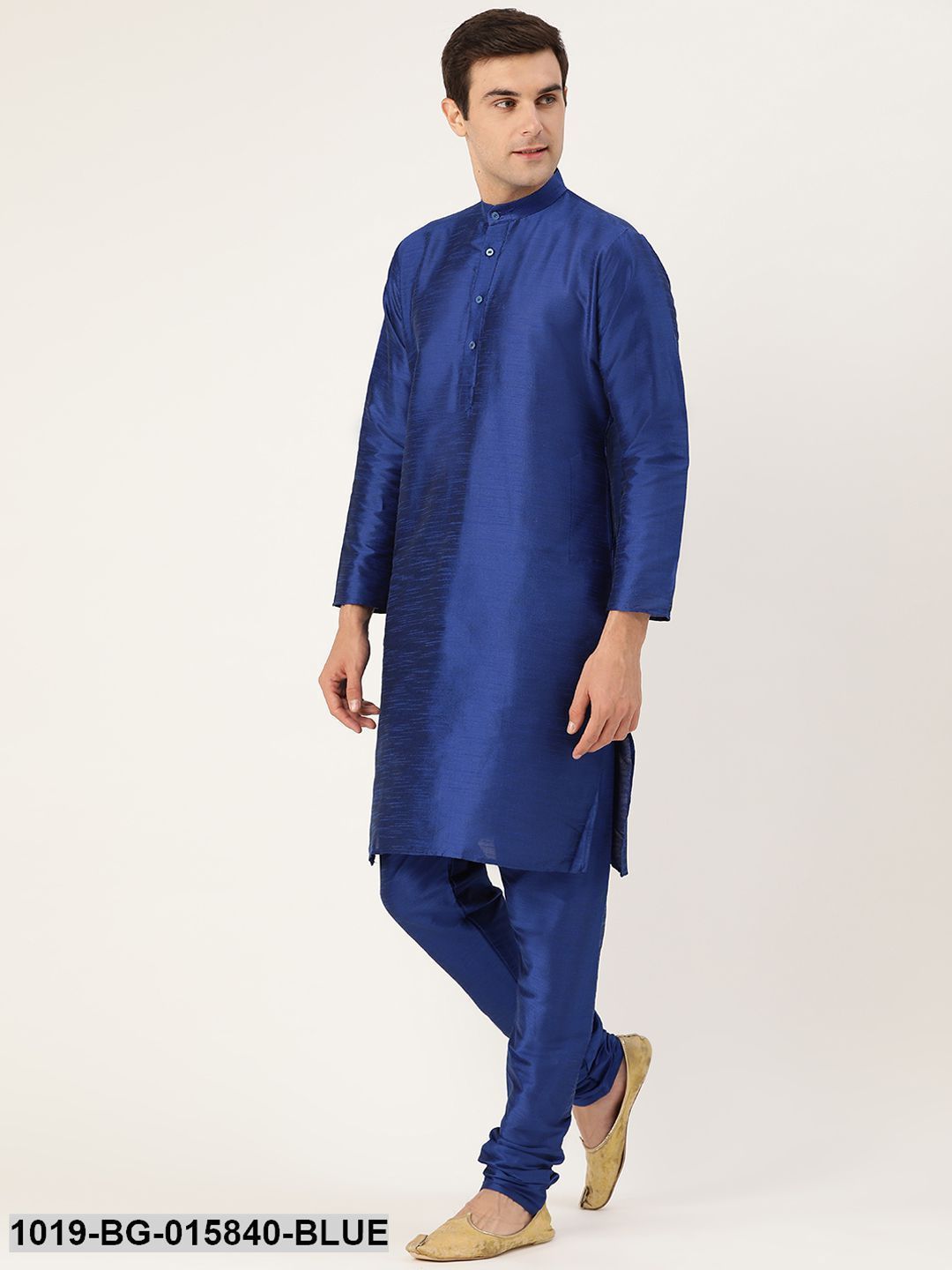 Men's Silk Blend Royal Blue Kurta Pyjama & Mustard Nehru jacket Combo