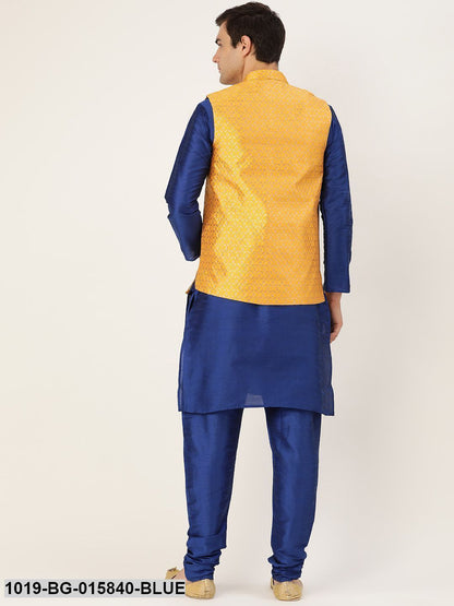 Men's Silk Blend Royal Blue Kurta Pyjama & Mustard Nehru jacket Combo